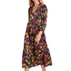 Draper James Women’s Black Floral V-Neck Long Sleeve Katie Midi Dress- Small
